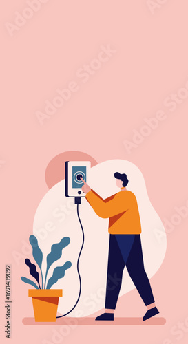 Man interacts with a sleek wall-mounted smart home device, embodying modern living, convenience, and technology integration. Perfect for lifestyle, automation, and business concepts.