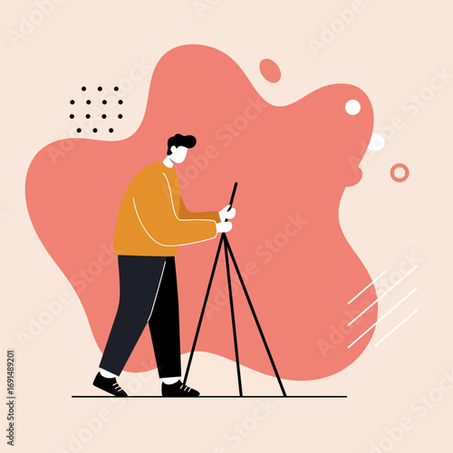 Stylized man adjusting a tripod, illustrating photography, videography, or creative content creation. Perfect for hobbies, media production, and leisure concepts.