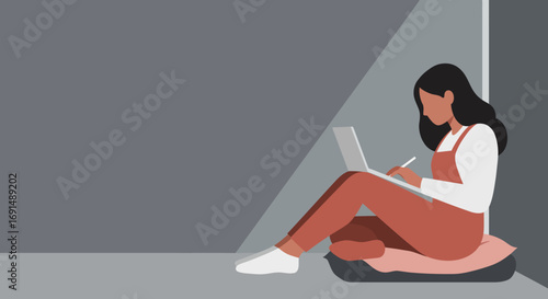 Young woman works remotely from home, focused on her laptop with a stylus. Ideal for concepts like freelance, digital design, education, or modern lifestyle.