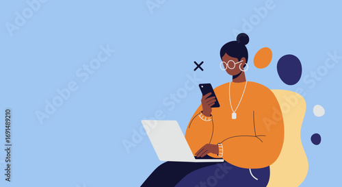 Illustration of a woman multitasking with laptop and smartphone, embodying remote work, digital communication, and modern productivity.