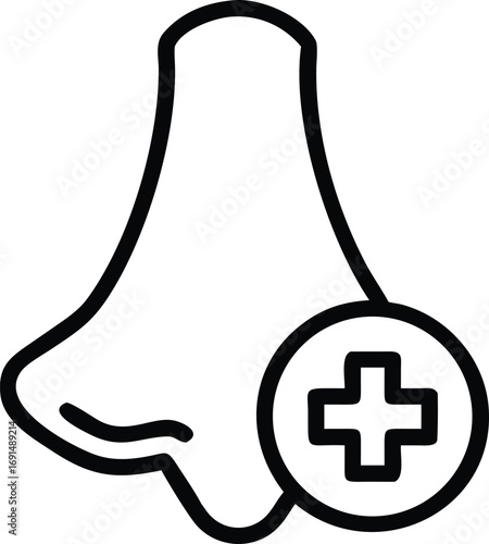 Black line art nose icon with plus in circle, healthcare symbol