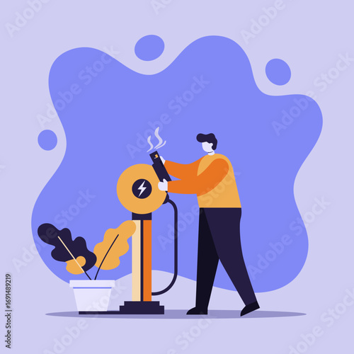 Man charging a smoking electronic device at a public station, representing technology problems, battery malfunction, or service issues.
