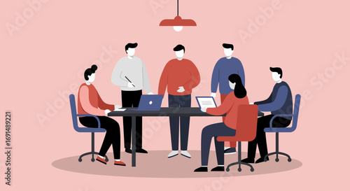 Diverse business team collaborates during a meeting in a modern office, discussing ideas and planning strategy. Ideal for corporate, teamwork, or startup concepts.