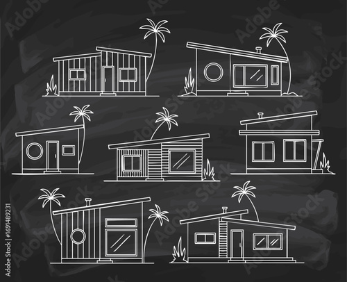 Bungalow Lineart Vektorgrafik Strandhaus Collage Architektur minimalistisch Palmen Design

