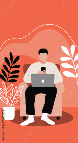Man working or learning remotely from home, comfortably seated with a laptop and smartphone. Represents modern digital lifestyle and connectivity.