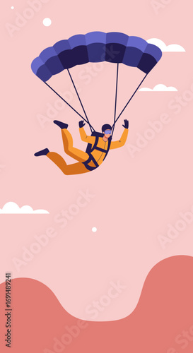 A person skydiving with an open blue parachute against a clear pink sky, embodying adventure, freedom, and extreme sports. Perfect for travel, lifestyle, or daring concepts.