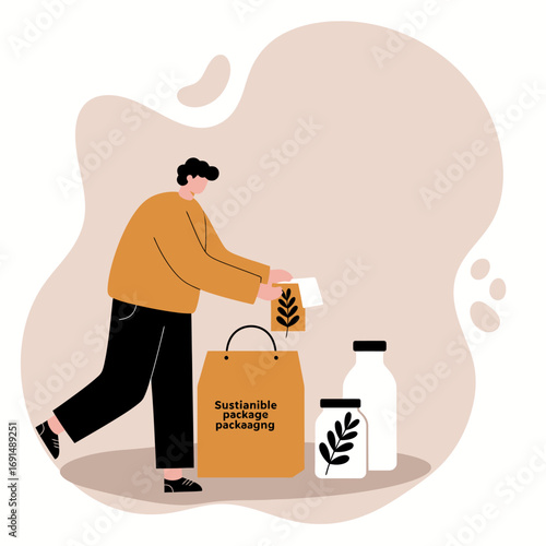Person using sustainable packaging for products. Emphasizes eco-friendly shopping, environmental responsibility, and conscious consumerism.