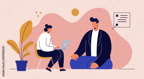 Two professionals, a woman on a laptop and a man with a pen, collaborating on a project in a modern office. Represents teamwork, business meetings, and creative workflow.