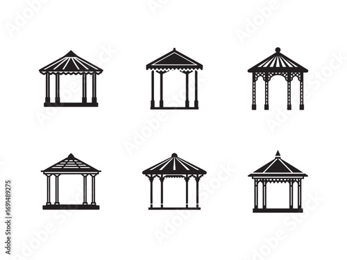 Silhouette Gazebo Pavilion Structures Set Designs Elegant Outdoor Building Decorative Architecture Shade and Shelter for Gardens and Parks