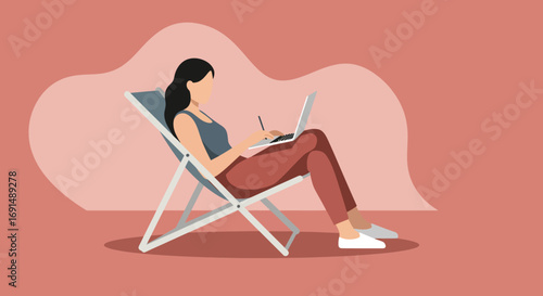 Woman working remotely on a laptop in a relaxed deck chair, symbolizing flexible freelance work, productivity, and modern lifestyle.