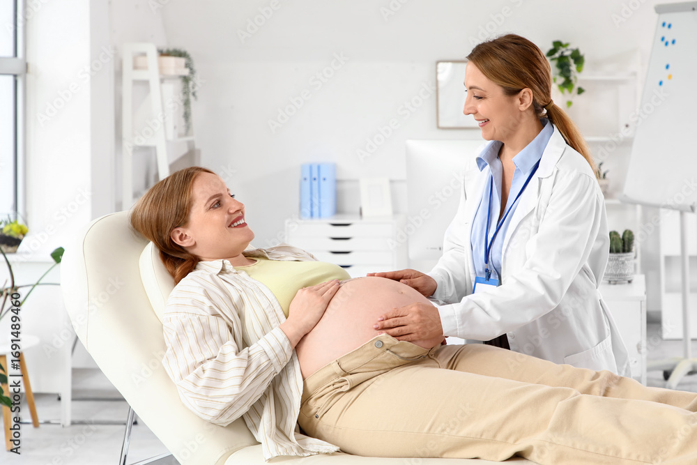 Obraz premium Young pregnant woman visiting doctor on couch in clinic