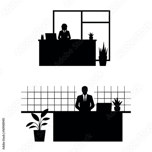 Receptionist office worker desk job silhouette vector illustration business professional workplace interior design