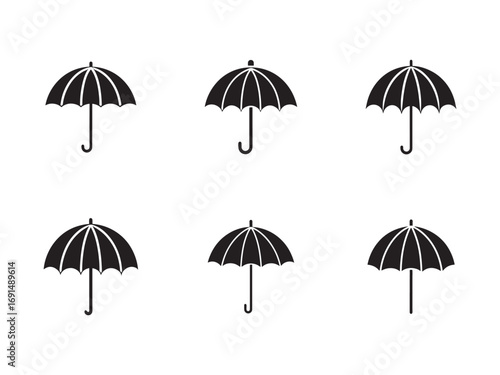 Simple black umbrella icon set illustration for weather forecast or protection from rain and sun isolated on white background in various positions