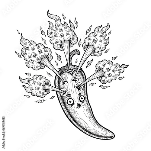 Extremely spicy cartoon chili pepper with a shocked face and flaming skull smoke.