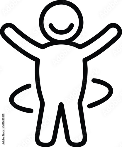 Black line illustration of person hula hooping, smiling with arms up