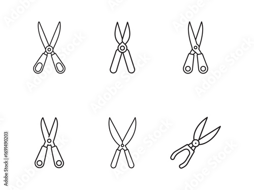 Six Outline Icon Illustrations of Different Garden Shears or Clippers for Gardening and Horticulture on White Background