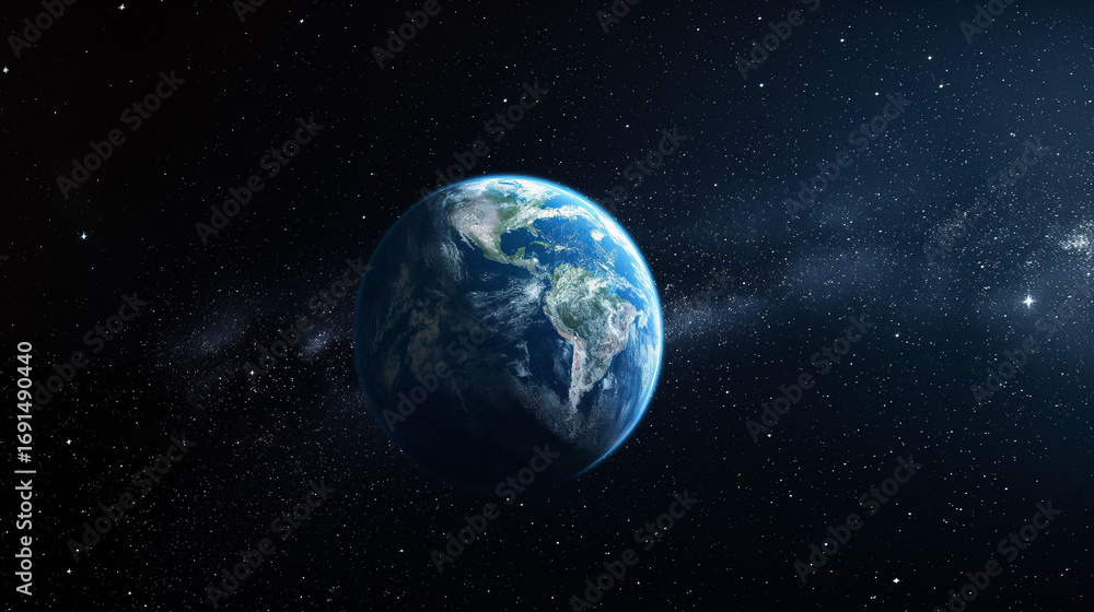 Fototapeta premium 壮大な宇宙に描かれた青い惑星地球の幻想的なイラストレーション