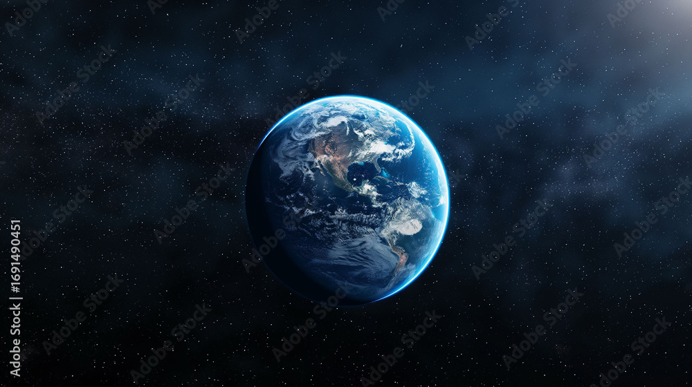 Naklejka premium 宇宙から見た水の惑星地球と星々のデジタルアート