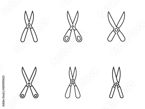 Six Stylized Line Art Illustrations of Garden Shears and Scissors for Horticultural and Crafting Projects White Background Simple Shapes Design