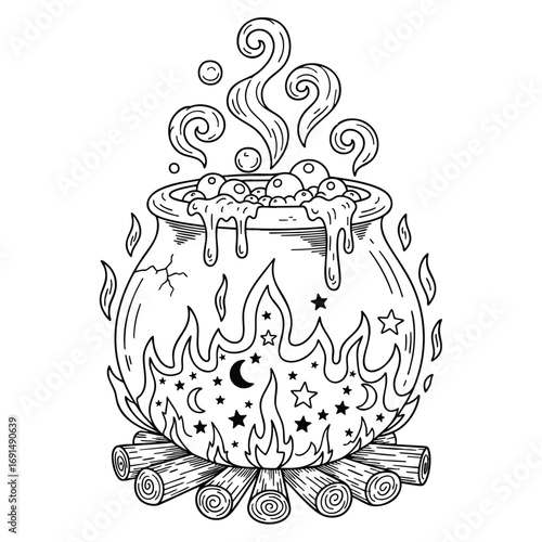 Handdrawn witchs cauldron boiling a magical potion over a celestial fire of logs stars and moons.