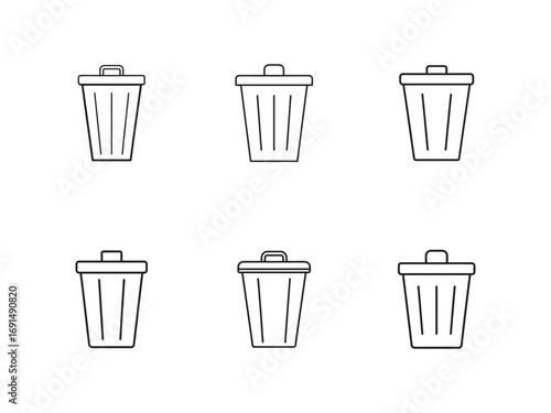 Six Trash Can Icons in a Neat Array Clean Simple Design for Graphic Projects and Presentations