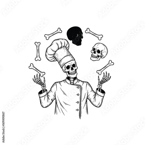 Macabre skeleton chef in a uniform juggling human skulls and bones in a black and white illustration.