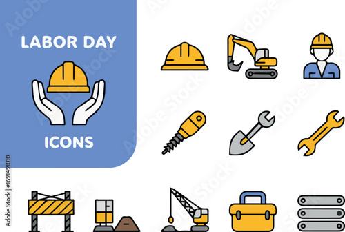 Labor day icons vector illustration with construction tools and equipment for workers and industry design 100