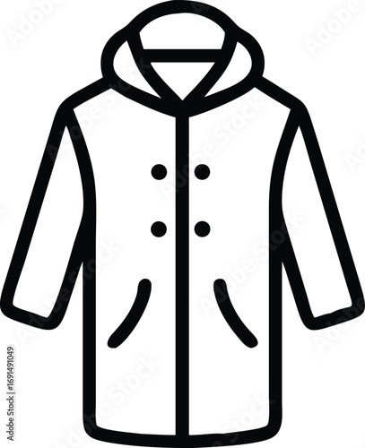 Black outline illustration of raincoat with hood and buttons in minimalist style