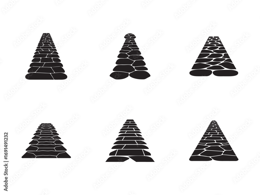 Fototapeta premium Stone Pathway Vector Set Different Designs and Perspectives Black and White Graphic Illustration for Landscape Design Elements