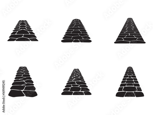 Stone Path Vector Illustration Collection Showing Various Perspective Views of a Cobblestone Road on White Background