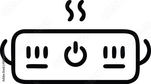 Black outline kitchen appliance with steam and power button illustration