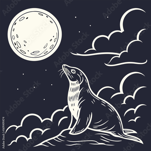 Seal gazing at the moon in a starry night sky illustration.