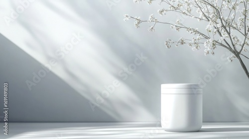 Empty white podium display with floral design