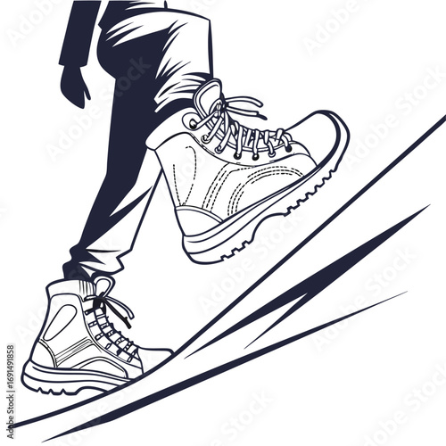 Person walking downhill wearing lace-up boots.