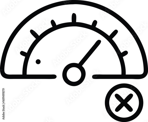 Black outline of speedometer with needle and cancel icon in simple style
