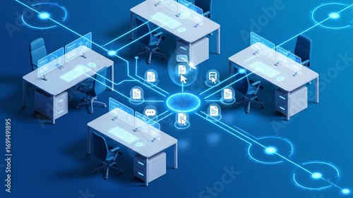 Futuristic Isometric Office Desks Connected in a Digital Network.