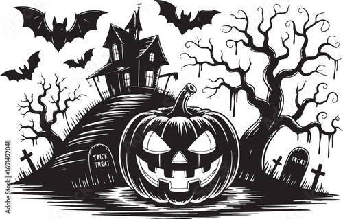 halloween pumpkin and bats