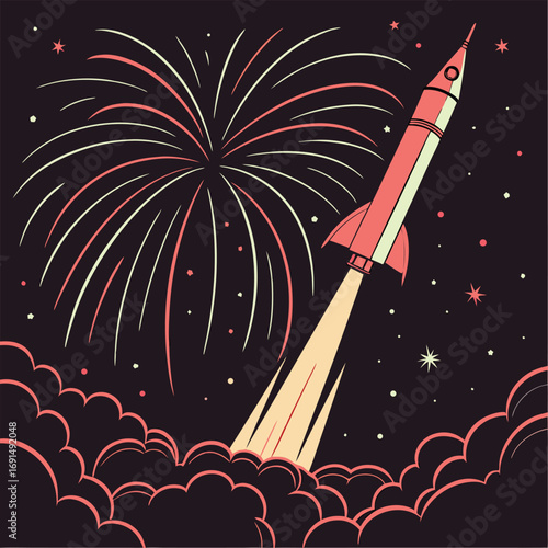 Vintage style rocket ship blasting off into the cosmos.