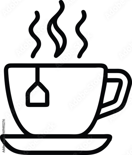 Black outline tea cup with steam and teabag illustration