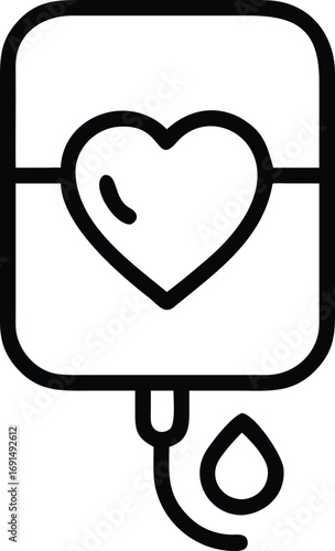 Blood donation bag with heart simple outline icon in flat style