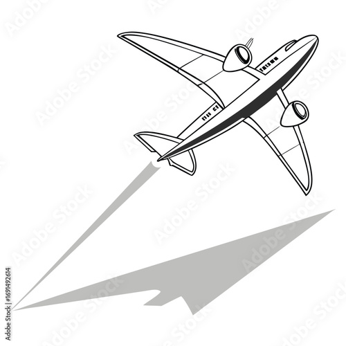 Vintage airplane soaring through the sky with its shadow below.