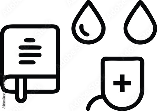 Blood donation icon set with blood bag and drops in line art style