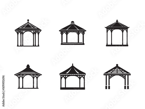 Variety of Gazebo Silhouette Designs for Garden and Outdoor Decor Black and White Vector Illustration