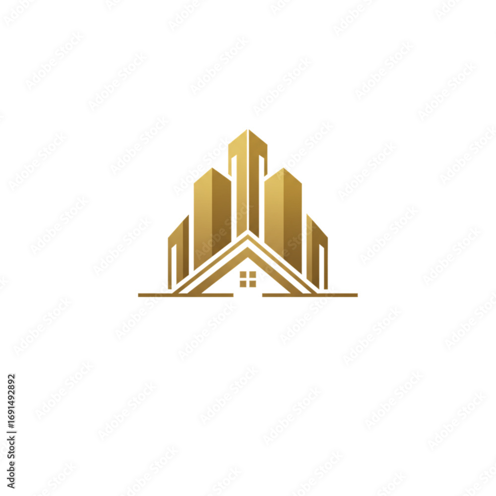 Fototapeta premium A premium real estate construction logo design featuring elegant triangular skyscraper shapes with gold and black luxury style