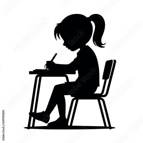 Silhouette of student studying writing at desk in classroom for education learning and back to school resources