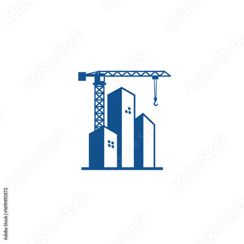 A minimalist construction logo design featuring a crane and tall building silhouette with clean modern flat vector style