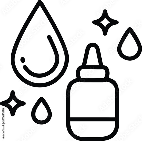 Bottle with adhesive dripping, shine stars, drop line art illustration for web design