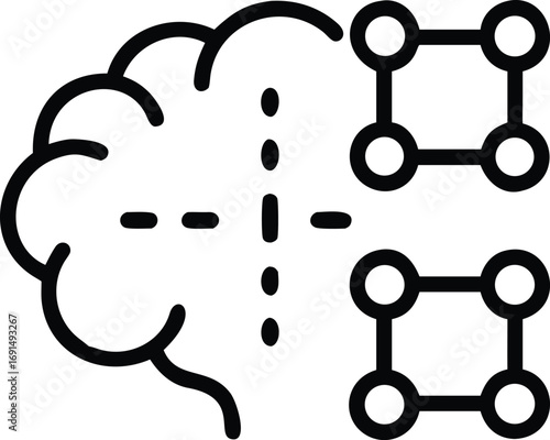 Brain linked to network nodes icon in simple line art style