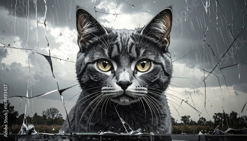 A gray tabby cat looking through shattered glass on a stormy day