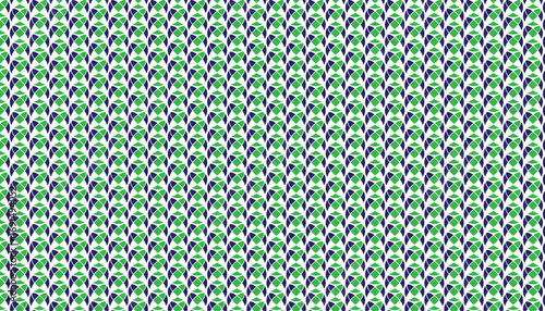 Repeating seamless pattern of green and dark blue abstract shapes on white background